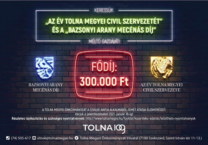 A 2020-as Év Tolna Megyei Civil Szervezete díjra várjuk a jelentkezéseket